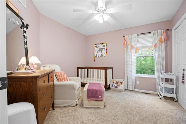 bedroom featuring carpet flooring, ceiling fan, and baseboards