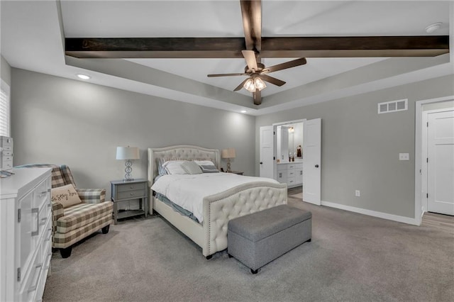18235 NW 127th St, Platte City, MO 64079 - bedroom featuring light carpet, beam ceiling, baseboards, recessed lighting, and connected bathroom