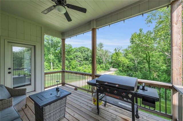18235 NW 127th St, Platte City, MO 64079 - wooden terrace featuring ceiling fan and area for grilling