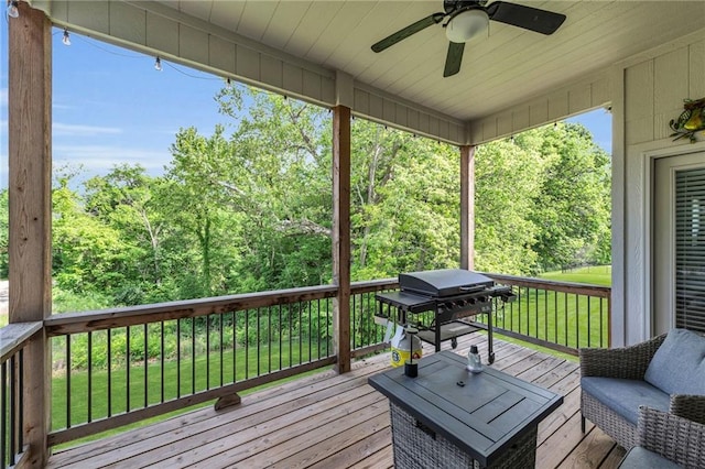 18235 NW 127th St, Platte City, MO 64079 - wooden terrace with ceiling fan, area for grilling, and a yard