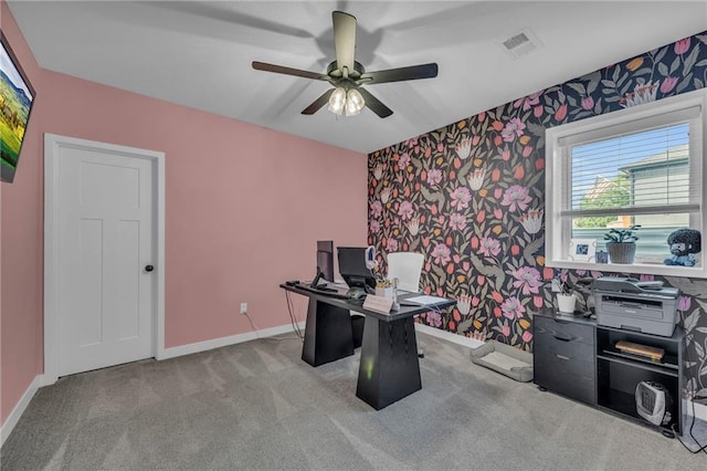 18235 NW 127th St, Platte City, MO 64079 - carpeted office space featuring wallpapered walls, ceiling fan, baseboards, and an accent wall