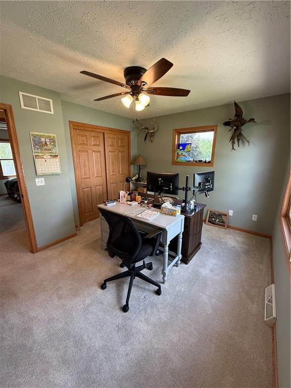 727 Serenity Loop, Maryville, MO 64468 - office area with plenty of natural light, light carpet, baseboards, a textured ceiling, and ceiling fan