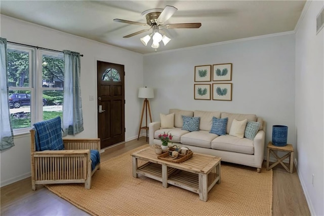 living area with light wood-style floors, plenty of natural light, baseboards, ceiling fan, and crown molding