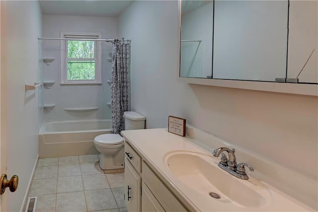 full bathroom featuring toilet, shower / bathtub combination with curtain, vanity, and tile patterned floors