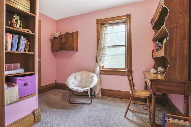 living area with carpet flooring and baseboards