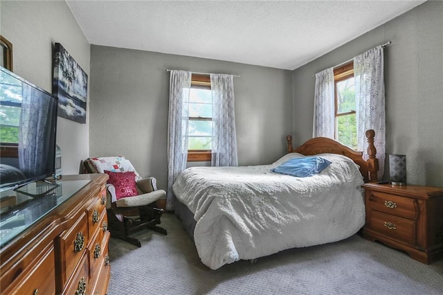 carpeted bedroom with multiple windows and a textured ceiling