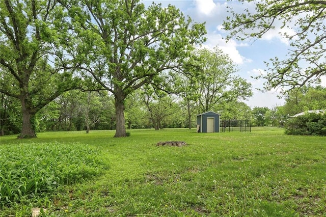 view of green lawn with a shed and an outbuilding