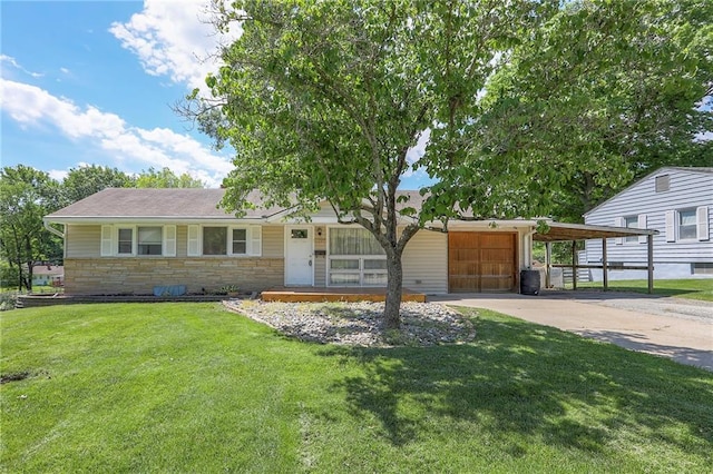 11205 E 49th St, Kansas City, MO 64133 - ranch-style home featuring stone siding, a front lawn, driveway, an attached garage, and covered porch