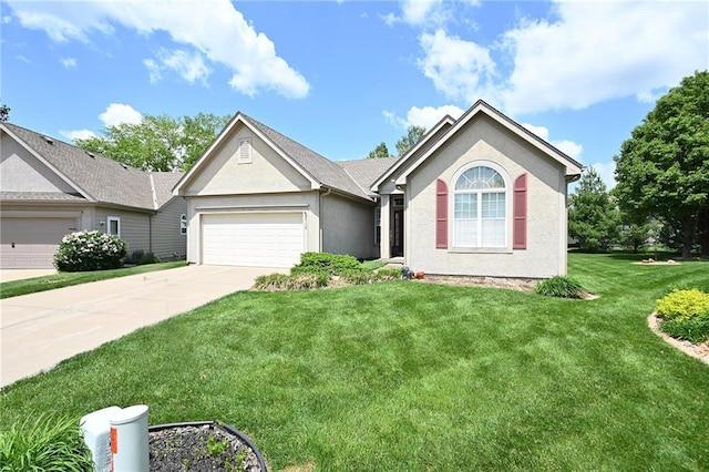 3112 NW 86th St, Kansas City, MO 64154 - ranch-style home with a garage, concrete driveway, a front yard, and stucco siding