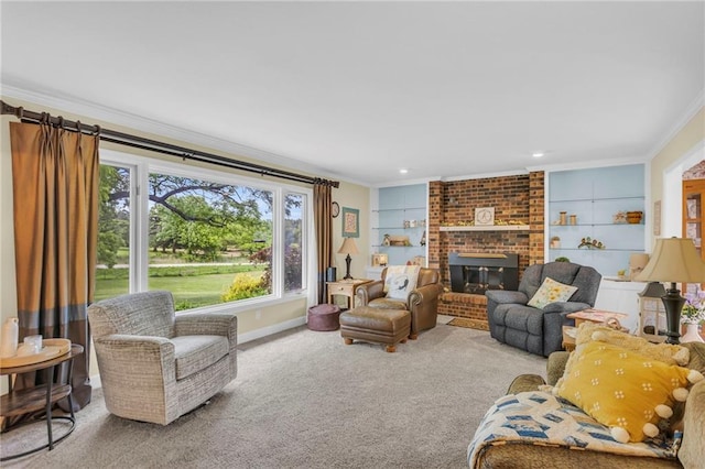 1758 Labette Rd, Ottawa, KS 66067 - carpeted living room featuring crown molding, a brick fireplace, and baseboards