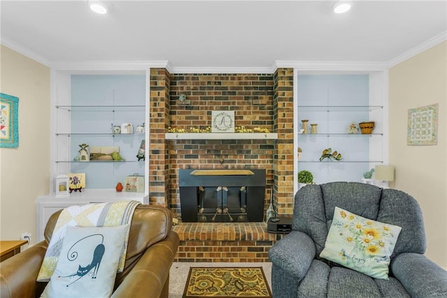1758 Labette Rd, Ottawa, KS 66067 - living room with crown molding, a brick fireplace, and recessed lighting