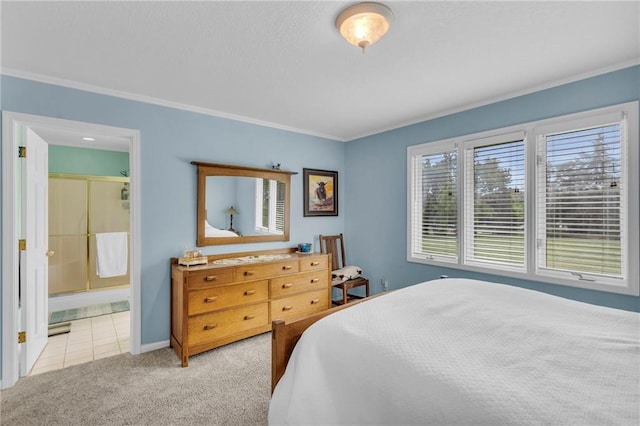 1758 Labette Rd, Ottawa, KS 66067 - bedroom featuring crown molding, light colored carpet, connected bathroom, light tile patterned flooring, and baseboards