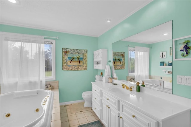 1758 Labette Rd, Ottawa, KS 66067 - full bathroom featuring a tub with jets, vanity, toilet, ornamental molding, and baseboards