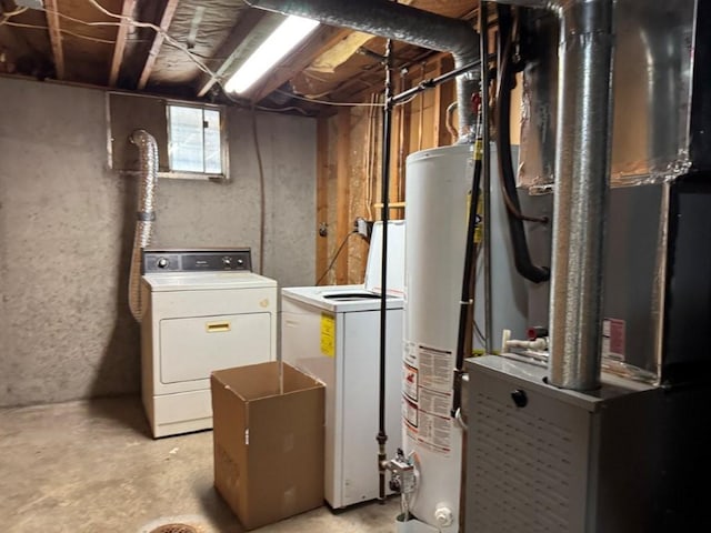 1606 N Ponca Dr, Independence, MO 64058 - clothes washing area with washing machine and clothes dryer, gas water heater, and heating unit