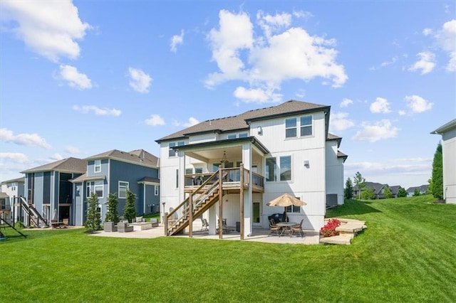 15624 Delmar St, Overland Park, KS 66224 - back of property with a patio, stairs, a ceiling fan, and a lawn