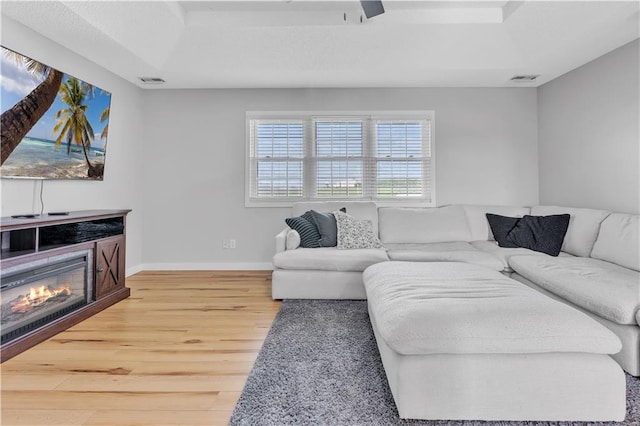 252 SE 23rd Hwy, Knob Noster, MO 65336 - living room featuring wood finished floors, baseboards, a tray ceiling, and ceiling fan