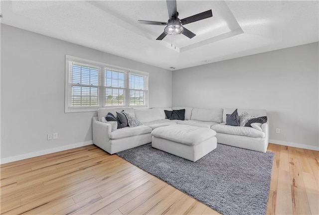 252 SE 23rd Hwy, Knob Noster, MO 65336 - living area with wood finished floors, a ceiling fan, a tray ceiling, and baseboards