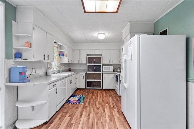 4305 Doctor Greaves Rd, Grandview, MO 64030 - kitchen featuring open shelves, white appliances, a sink, light wood-type flooring, and ornamental molding