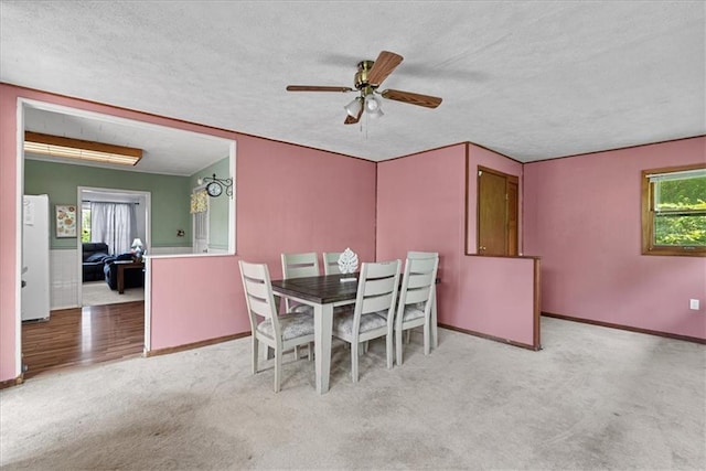 4305 Doctor Greaves Rd, Grandview, MO 64030 - carpeted dining room featuring a textured ceiling, plenty of natural light, a ceiling fan, and baseboards