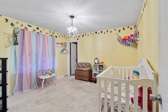 4305 Doctor Greaves Rd, Grandview, MO 64030 - carpeted bedroom featuring a chandelier, baseboards, and a nursery area