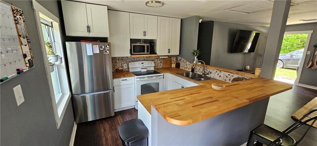 708 S Gay St, Holden, MO 64040 - kitchen featuring appliances with stainless steel finishes, a sink, butcher block counters, a peninsula, and backsplash