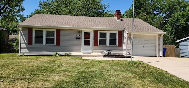 7934 Hemlock St, Overland Park, KS 66204 - ranch-style home featuring driveway, a garage, a chimney, and a front yard