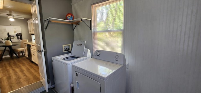 7934 Hemlock St, Overland Park, KS 66204 - clothes washing area with separate washer and dryer, ceiling fan, and dark wood finished floors