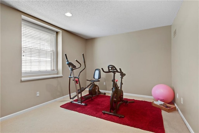 workout room featuring carpet, a textured ceiling, and baseboards