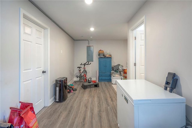 3118 Kimball Ave, Kansas City, KS 66104 - interior space featuring light wood-type flooring, electric panel, baseboards, and recessed lighting