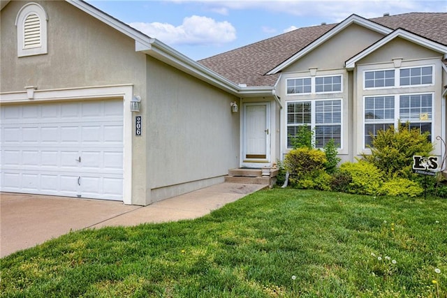 206 SW Chartwell Dr, Lees Summit, MO 64082 - view of front of property with roof with shingles, a front lawn, an attached garage, stucco siding, and concrete driveway
