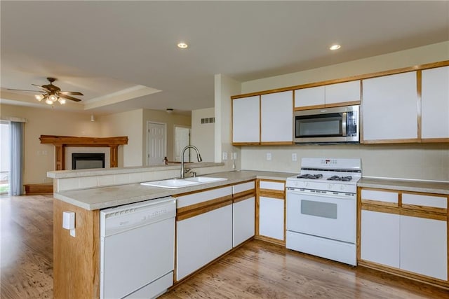 206 SW Chartwell Dr, Lees Summit, MO 64082 - kitchen featuring white appliances, a sink, a peninsula, open floor plan, and light countertops