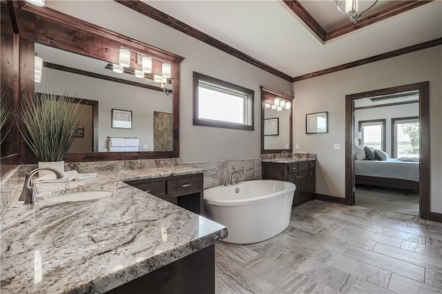 full bathroom with healthy amount of natural light, a freestanding tub, ornamental molding, two vanities, and a raised ceiling