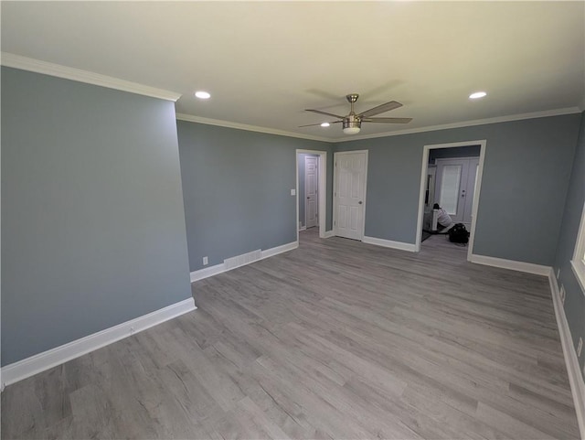 unfurnished room with baseboards, recessed lighting, wood finished floors, ceiling fan, and crown molding