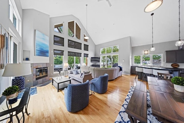 19P Lake Shore Dr, Lake Lotawana, MO 64086 - living room featuring high vaulted ceiling, light wood-type flooring, and a fireplace
