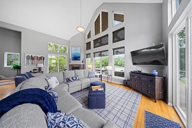 19P Lake Shore Dr, Lake Lotawana, MO 64086 - living room with high vaulted ceiling, wood finished floors, and a fireplace