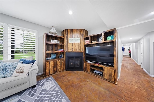 19P Lake Shore Dr, Lake Lotawana, MO 64086 - living area with a fireplace, finished concrete flooring, and recessed lighting