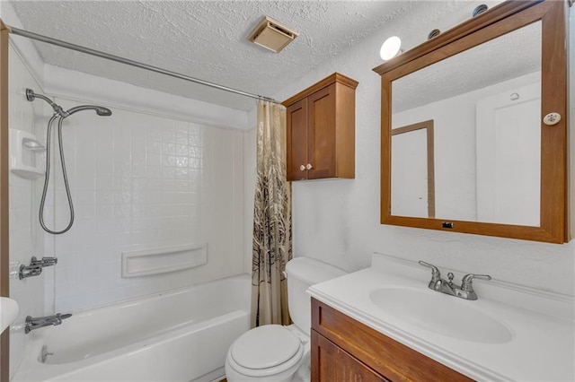 full bathroom with a textured ceiling, toilet, vanity, and shower / tub combo with curtain