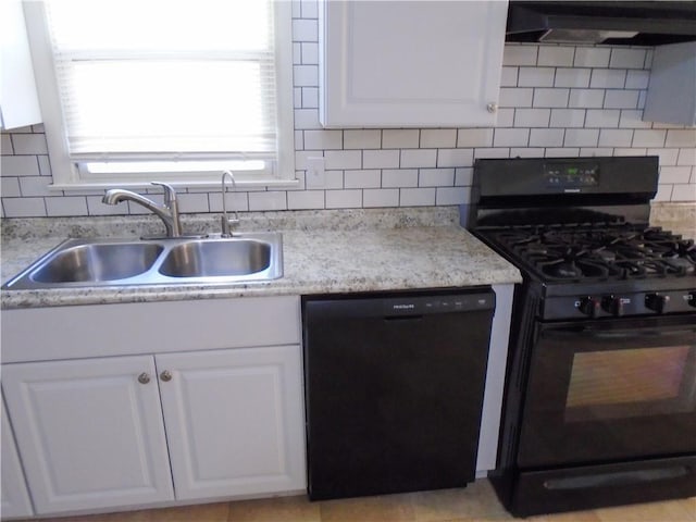 3020 N 81st St, Kansas City, KS 66109 - kitchen with black appliances, a sink, ventilation hood, white cabinetry, and tasteful backsplash