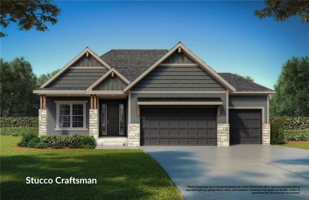 craftsman-style house with stone siding, an attached garage, driveway, and a front yard