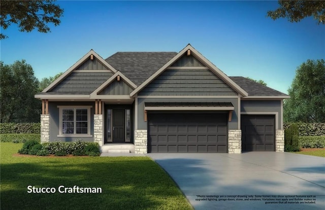 craftsman-style house with stone siding, an attached garage, driveway, and a front yard