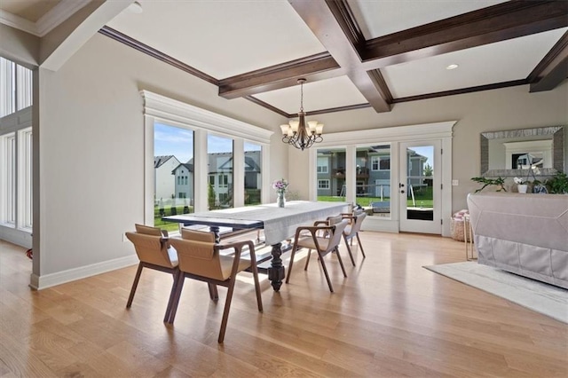 15825 Howe St, Overland Park, KS 66224 - dining space featuring beam ceiling, light wood-style flooring, a chandelier, coffered ceiling, and ornamental molding