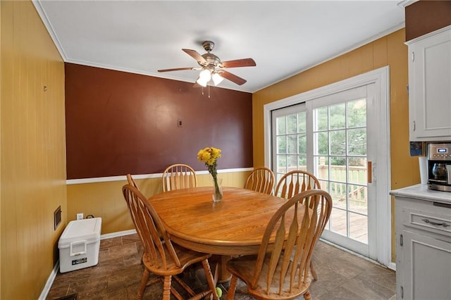 5347 Buena Vista St, Roeland Park, KS 66205 - dining space with a ceiling fan, wood walls, crown molding, and baseboards