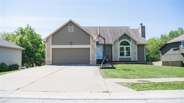 view of front of home featuring a front yard, an attached garage, concrete driveway, a chimney, and stone siding