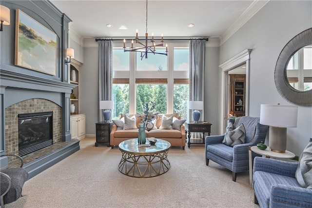 4502 Verona Ct, Riverside, MO 64150 - living room featuring light colored carpet, crown molding, a chandelier, a tile fireplace, and a high ceiling