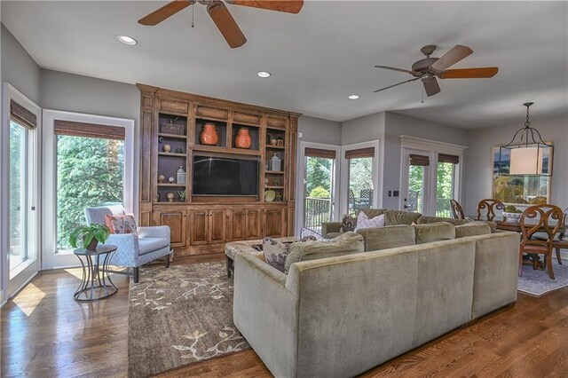 4502 Verona Ct, Riverside, MO 64150 - living room with a ceiling fan, dark wood-style floors, and recessed lighting