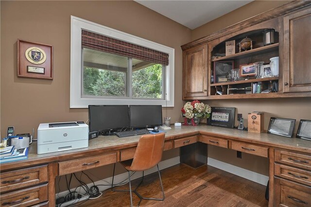 4502 Verona Ct, Riverside, MO 64150 - home office with built in desk and dark wood-type flooring