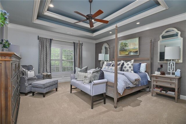 4502 Verona Ct, Riverside, MO 64150 - carpeted bedroom featuring a raised ceiling, crown molding, recessed lighting, and a ceiling fan