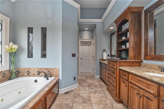 4502 Verona Ct, Riverside, MO 64150 - full bath featuring baseboards, a tub with jets, vanity, and ornamental molding
