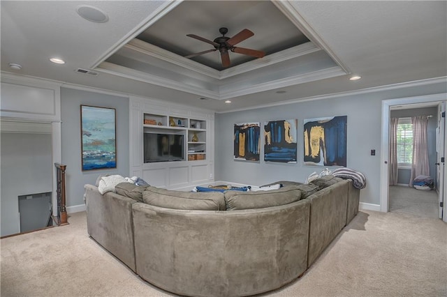 4502 Verona Ct, Riverside, MO 64150 - living room featuring ornamental molding, light colored carpet, ceiling fan, a raised ceiling, and baseboards