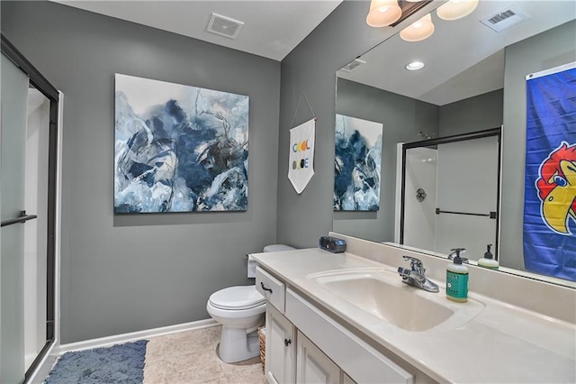 4502 Verona Ct, Riverside, MO 64150 - full bathroom featuring a stall shower, vanity, toilet, tile patterned floors, and baseboards